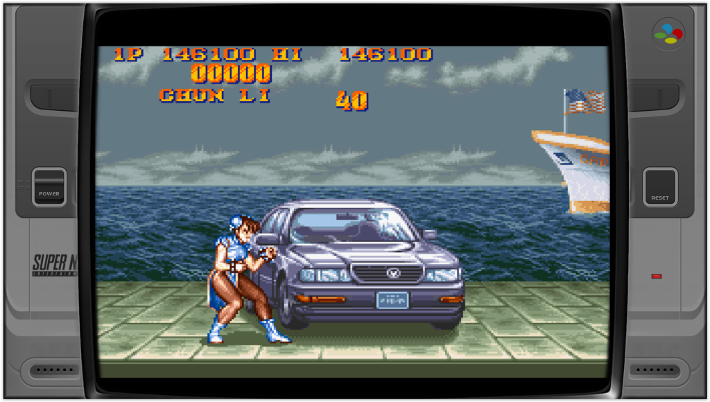 jeu street fighter 2 sur super nintendo, chun-li débute le bonus stage où on doit détruire la voiture