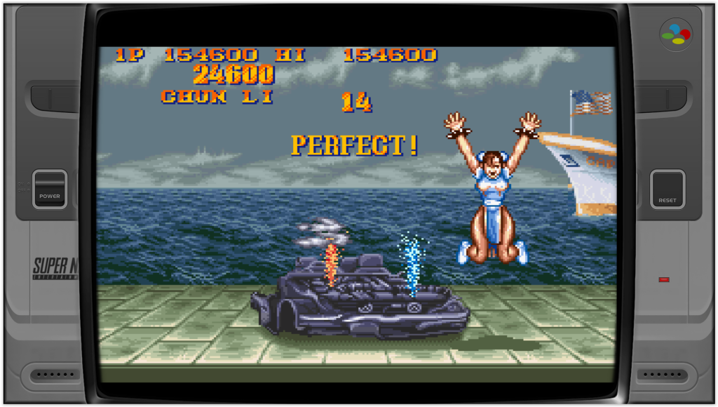 jeu street fighter 2 sur super nintendo, chun li a détruit la voiture dans le bonus stage