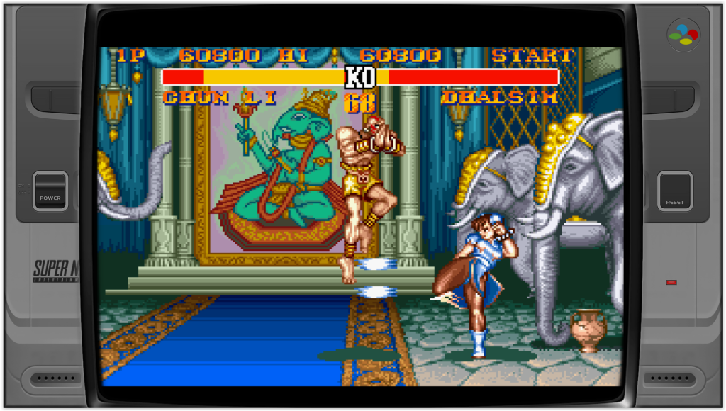 jeu street fighter 2 sur super nintendo, chun li contre dhalsim dans un niveau indien avec des éléphants