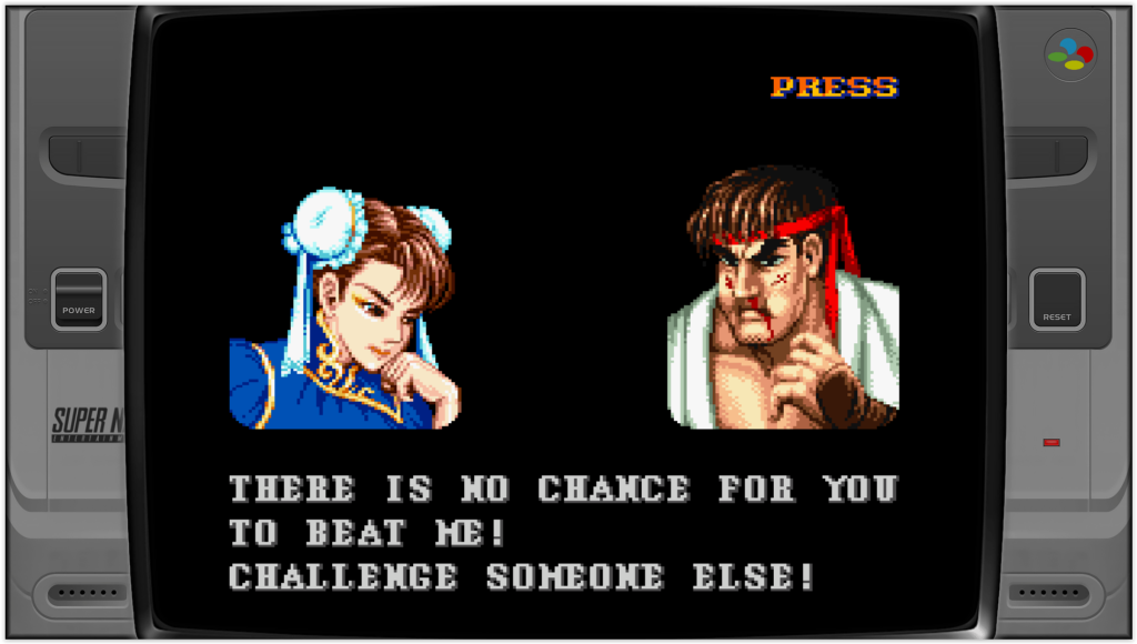 jeu street fighter 2 sur super nintendo, écran de fin de combat où on voit ryu qui a perdu contre chun-li