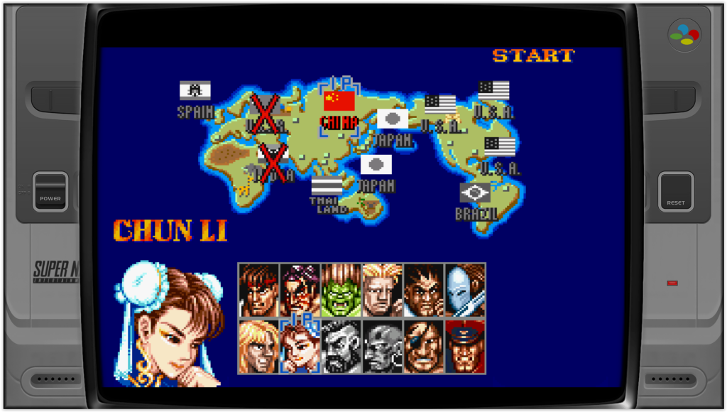 jeu street fighter 2 sur super nintendo, chun-li a vaincu deux adversaire et un avion se déplace sur la carte