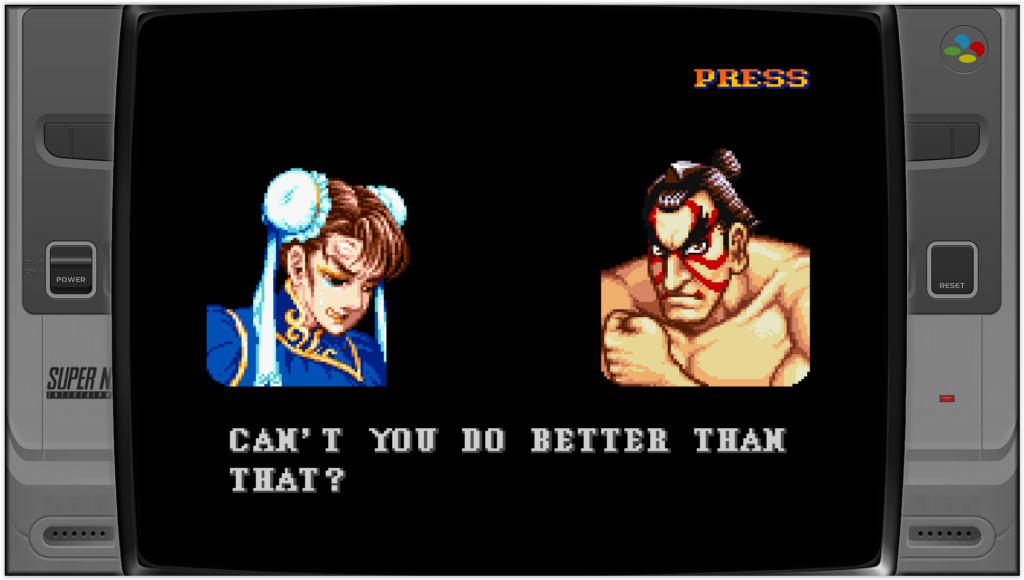 jeu street fighter 2 sur super nintendo, chun-li a perdu contre honda