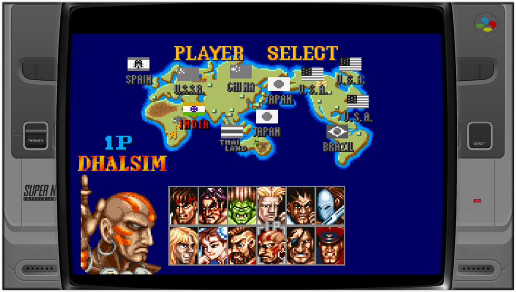 jeu street fighter 2 sur super nintendo, écran de choix du personnage