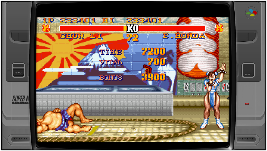 jeu street fighter 2 sur super nintendo, chun-li célèbre sa victoire contre Honda dans les bains japonais