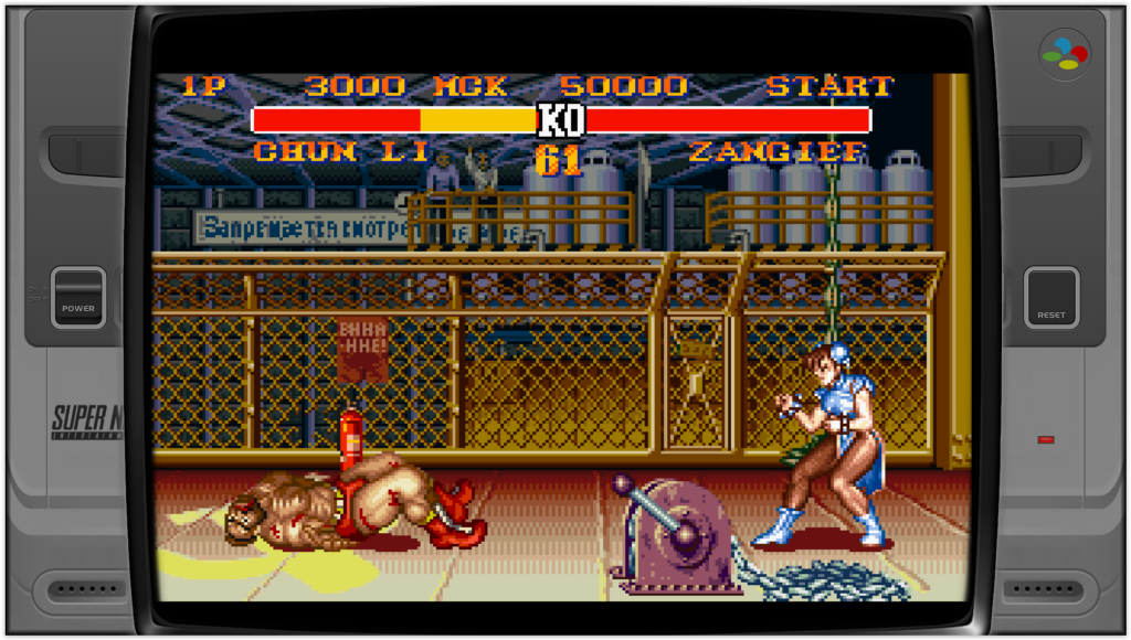jeu street fighter 2 sur super nintendo, chun-li a vaincu zangief dans le niveau de la Russie