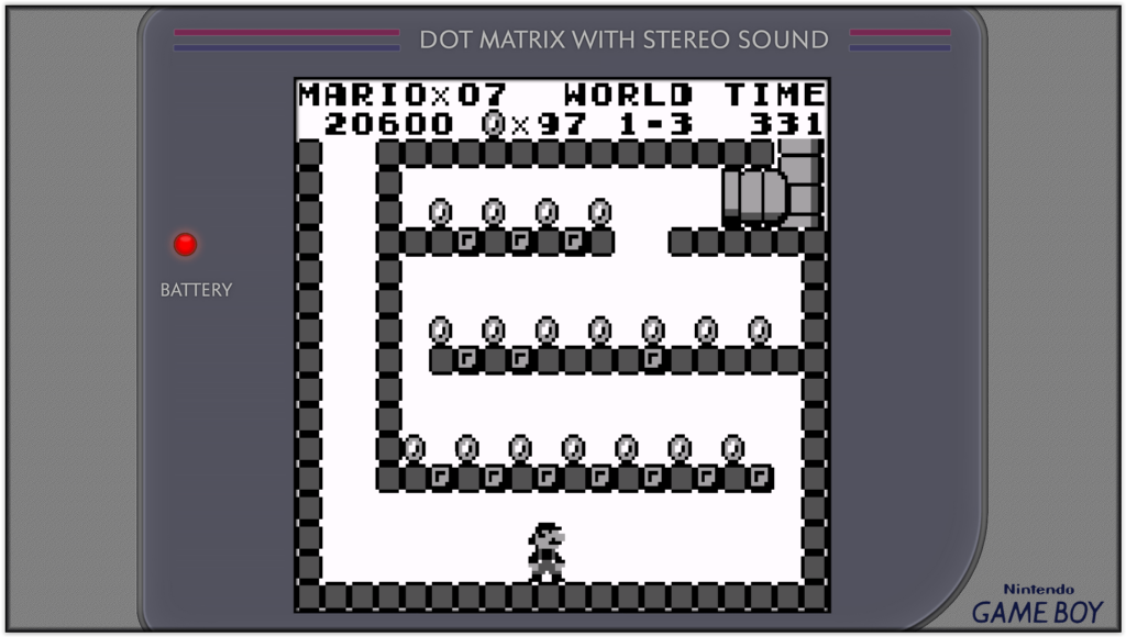super mario land game boy, le classique écran rempli de pièces qui se trouve en prenant un tuyau