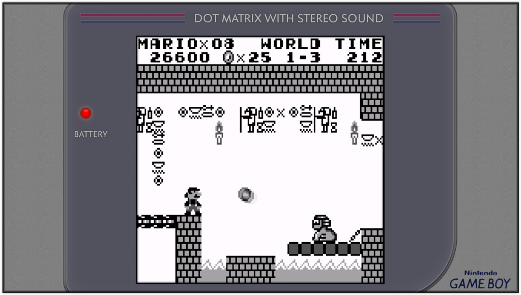 super mario land game boy, mario fait face à un sphynx qui tire des boules de feu
